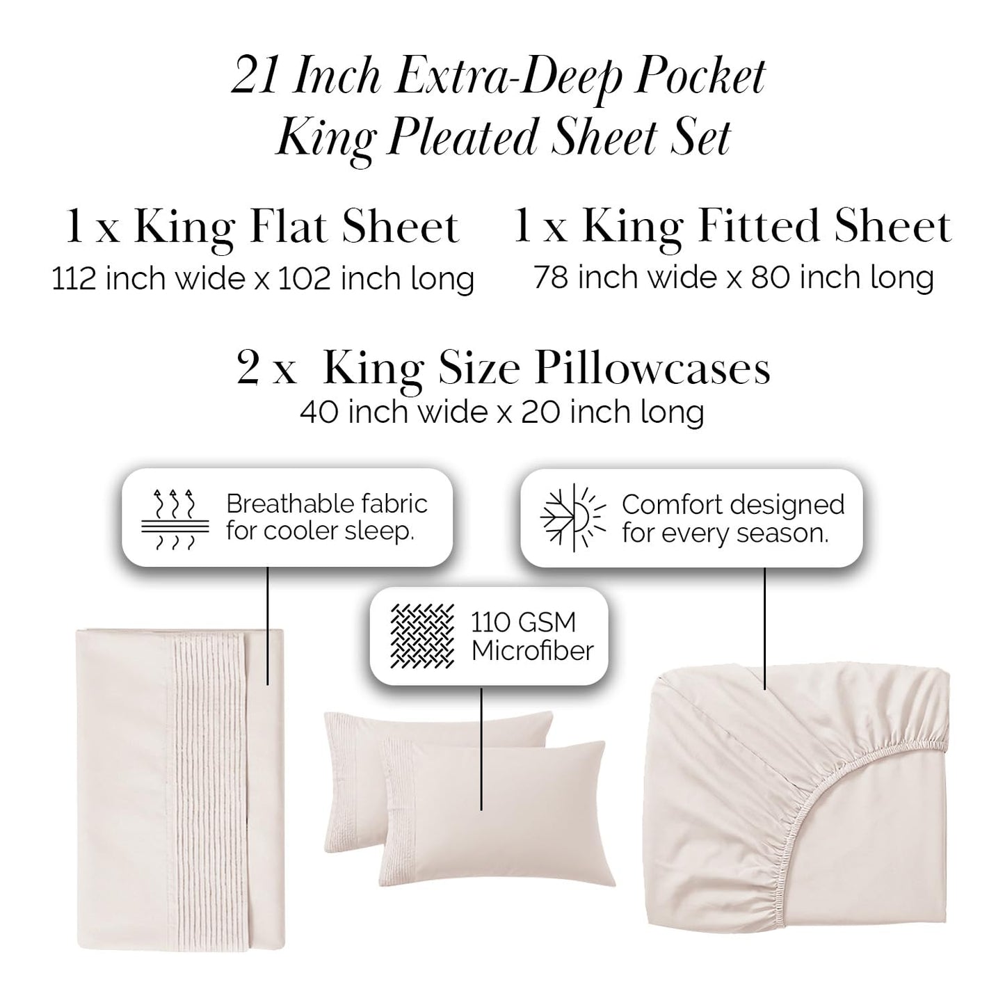 Southshore Fine Living, Inc. Hotel Style 21 Inch Extra Deep Pocket King Sheet Set, 4 Piece Pleated Beige Sheets King Size w/Decorative Hem, Wrinkle Resistant Microfiber, 2 Pillow Cases - Natural Beige
