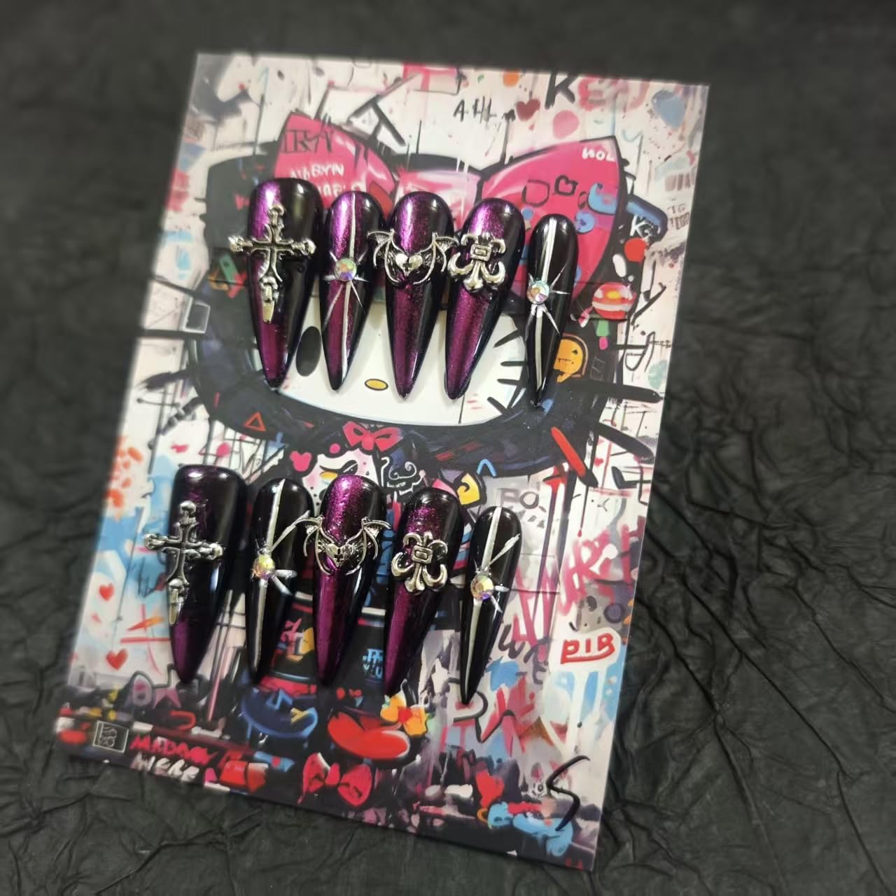 Handmade Press On Nails 10Pcs Dark Gothic Style Manual Growth Ring Fake Nails for Women Party Holiday Photo 3.2CM Size L