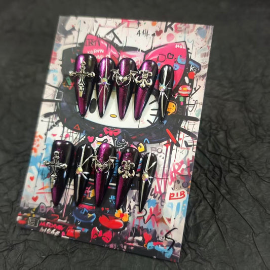 Handmade Press On Nails 10Pcs Dark Gothic Style Manual Growth Ring Fake Nails for Women Party Holiday Photo 3.2CM Size L