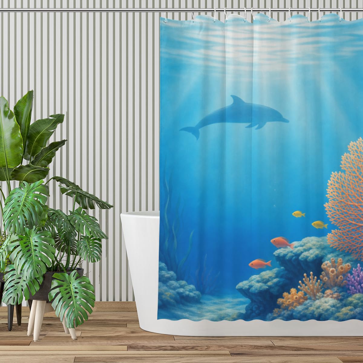 TopPacific Dolphin Coral Ocean Shower Curtain 72x72 Inch Shower Curtain with 12 Hooks Polyester Dolphin Coral Reef Blue Water Sun Rays Bathroom Decor