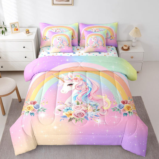 jejeloiu Cute Unicorn Rainbow Comforter Set with Sheets Queen Size Kids Rose Floral 7 Pieces Bedding Set for Boys Girls Teens Dreamy Horse Bed in a Bag Breathable Unicorn Glitter Bedroom Decor