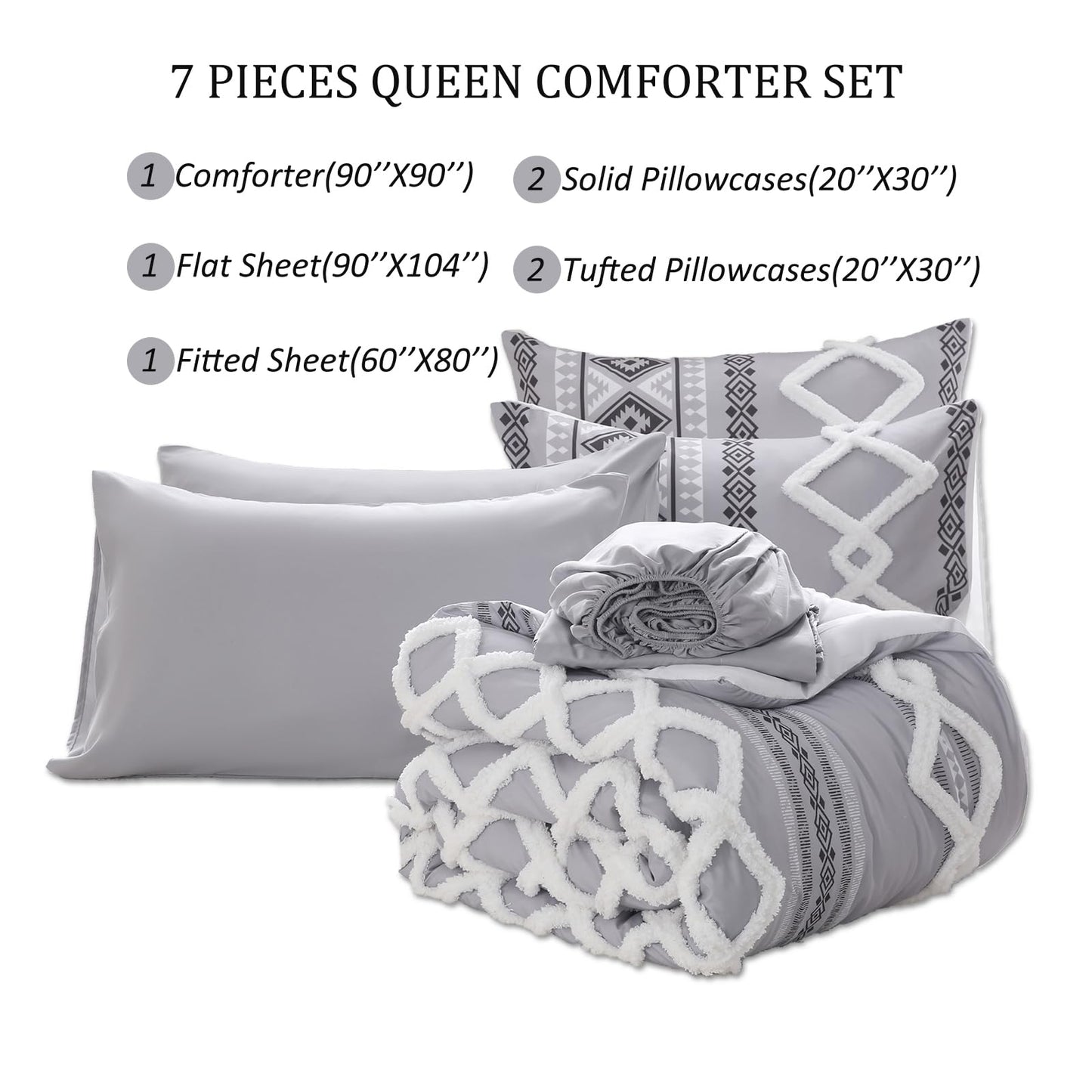 MOVE OVER Gray Tufted Comforter Set Queen Size 7 Pieces Bed in A Bag Farmhouse Bedding Comforter Sets Boho Aztec Sheet Set and Comforter Set Modern Boho Tufted Bedding Set for All Seasons