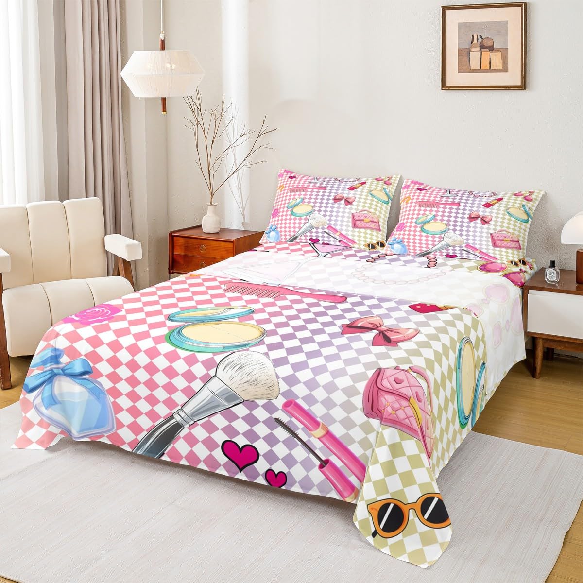 Erosebridal Cute Modern Fashion King Bed Sheets for Girls Women - Colorful Plaid Grid Checked Sheets Makeup Chic Trendy Flat Fitted Sheet Girly Coquette Fashion Bed Sets