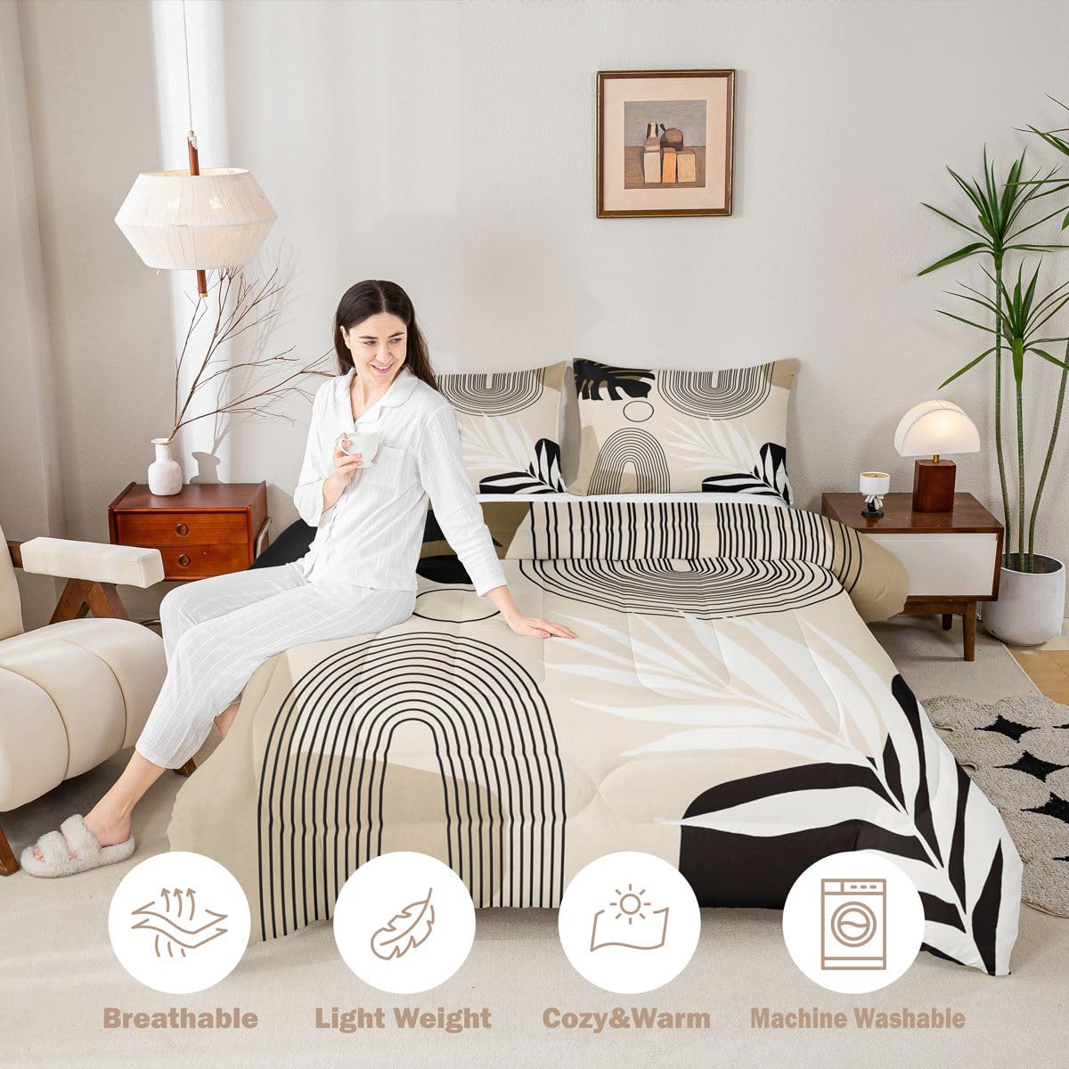 Erosebridal Boho Mid Century Twin Bedding Set, Modern Minimalist Comforter Set, Abstract Arch Geometric Comforter for Adults Teens Kids, Tropical Palm Leaf Aesthetic Quilt, Black Beige Brown
