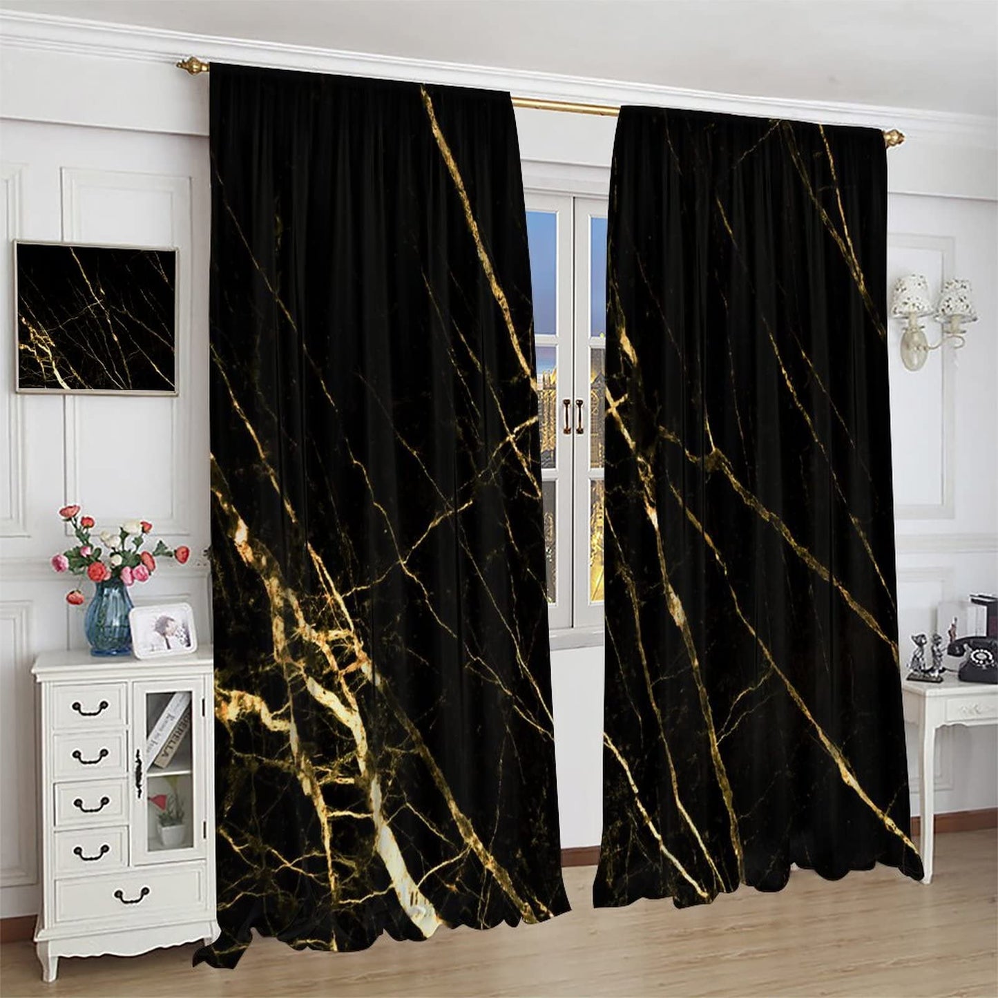 Luxury Black Gold Window Curtains,Golden Lines Marble Texture Modern Style Room Darkening Door Window Rod Pocket Curtain for Living Room Bedroom W42xL45in