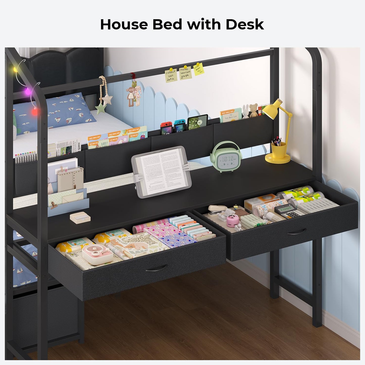 ADORNEVE House Bed with Desk,Full Kids Bed with Globe String Lights,Black