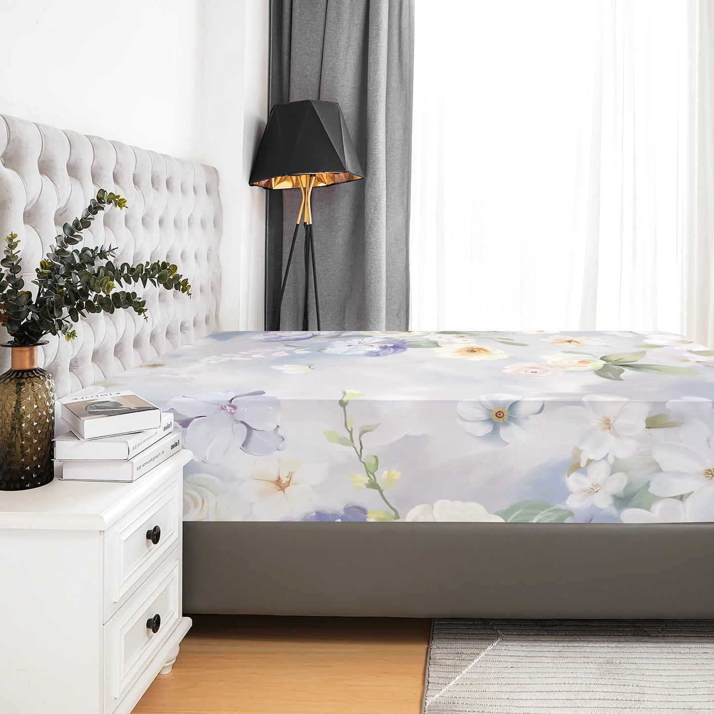YIYEA Floral Fitted Sheet Only, Premium Double Brushed Microfiber Deep Pocket Fitted Sheet Queen Size, Ultra Soft Fitted Bottom Sheet, Shrinkage, Fade Resistant, Queen