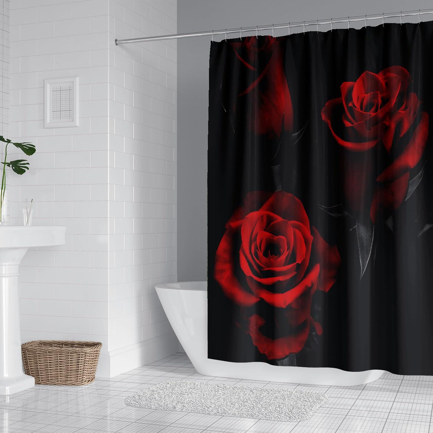 RinRinfam 4 Pcs Rose Shower Curtain Set, Flower Romantic Rose Curtain with Non-Slip Rug,Toilet Lid Cover,U Shape Mat,Waterproof Shower Curtains with 12 Hooks Bathroom Decor, Red Black 72"×72"