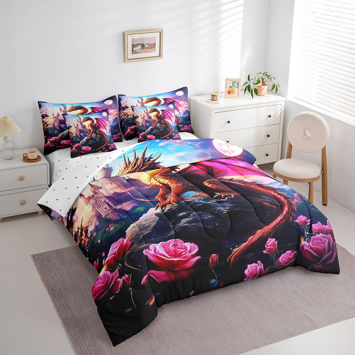 7 Pieces Rose Castle Dragon Comforter Set Queen,Blossom Flower Animal Bed Set for Kids Boys Girls,Fantasy Wildlife Bedding(1 Comforter,1 Fitted Sheet,1 Flat Sheet,2 Pillowcases,2 Throw Pillow Cover)