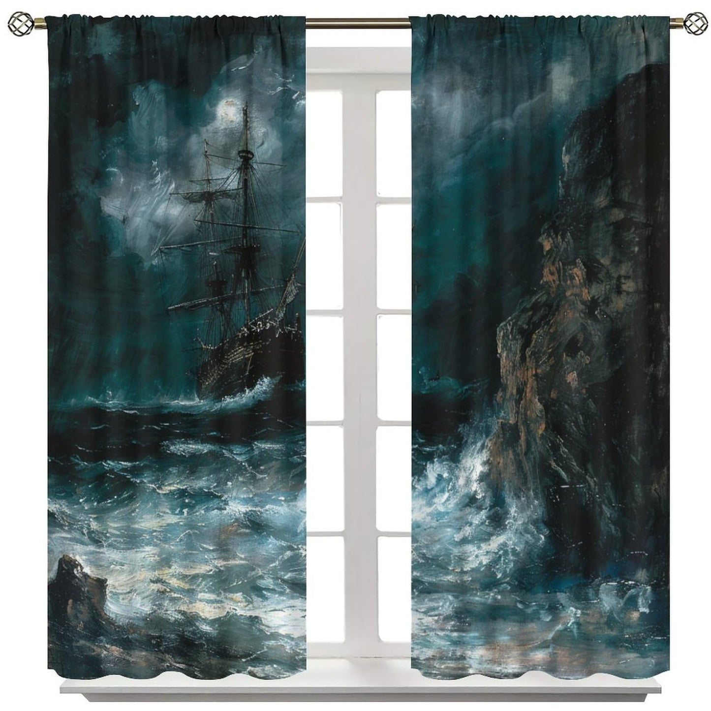 TOWINSFB Nautical Oil Painting Blackout Curtains for Bedroom Living Room, Sea Storm Pirate Ship Thermal Insulated Room Darkening Curtain - 42" W x 45" L