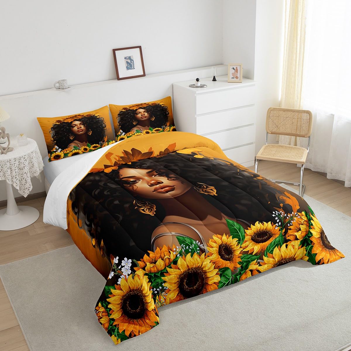 Homewish American African Comforter Set Queen Size,Lovely Black Woman Bedding Set for Kids Girls Teens Adult Room Decor,3D Sunflower Quilt Set 3Pcs Nature Romantic Beauty Duvet Insert,2 Pillowcases