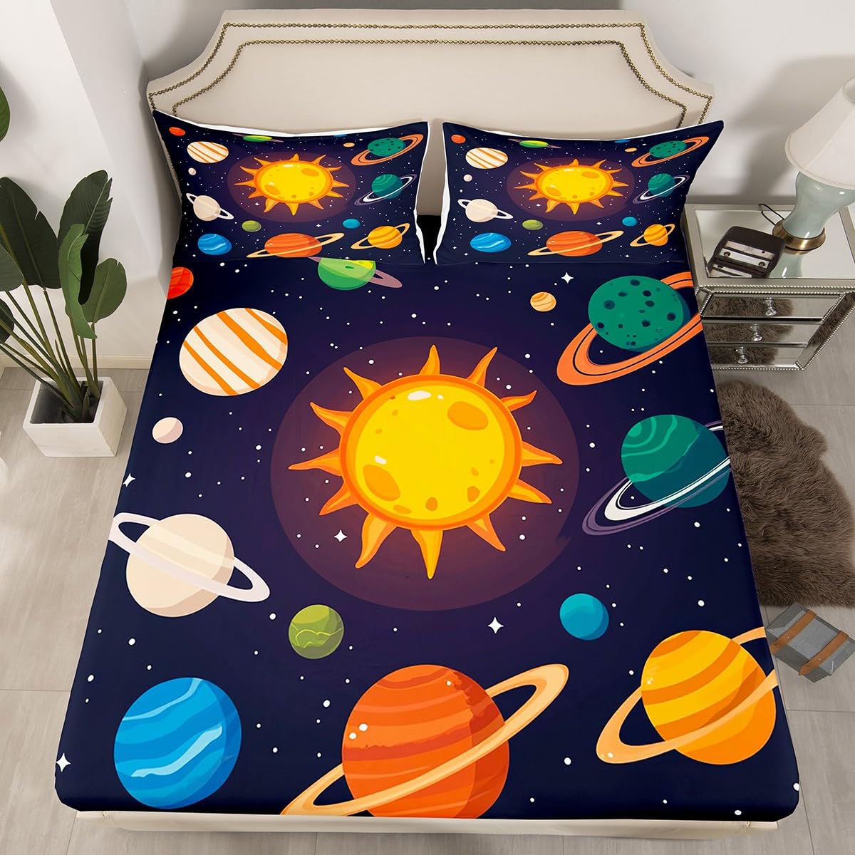 Erosebridal Planets of Solar System Sheet Set Mercury Earth Mars Neptune Saturn Jupiter Fitted Sheet for Kids Teens Adults Bed Décor Universe Space Galaxy Starry Sky Bedding Set Twin