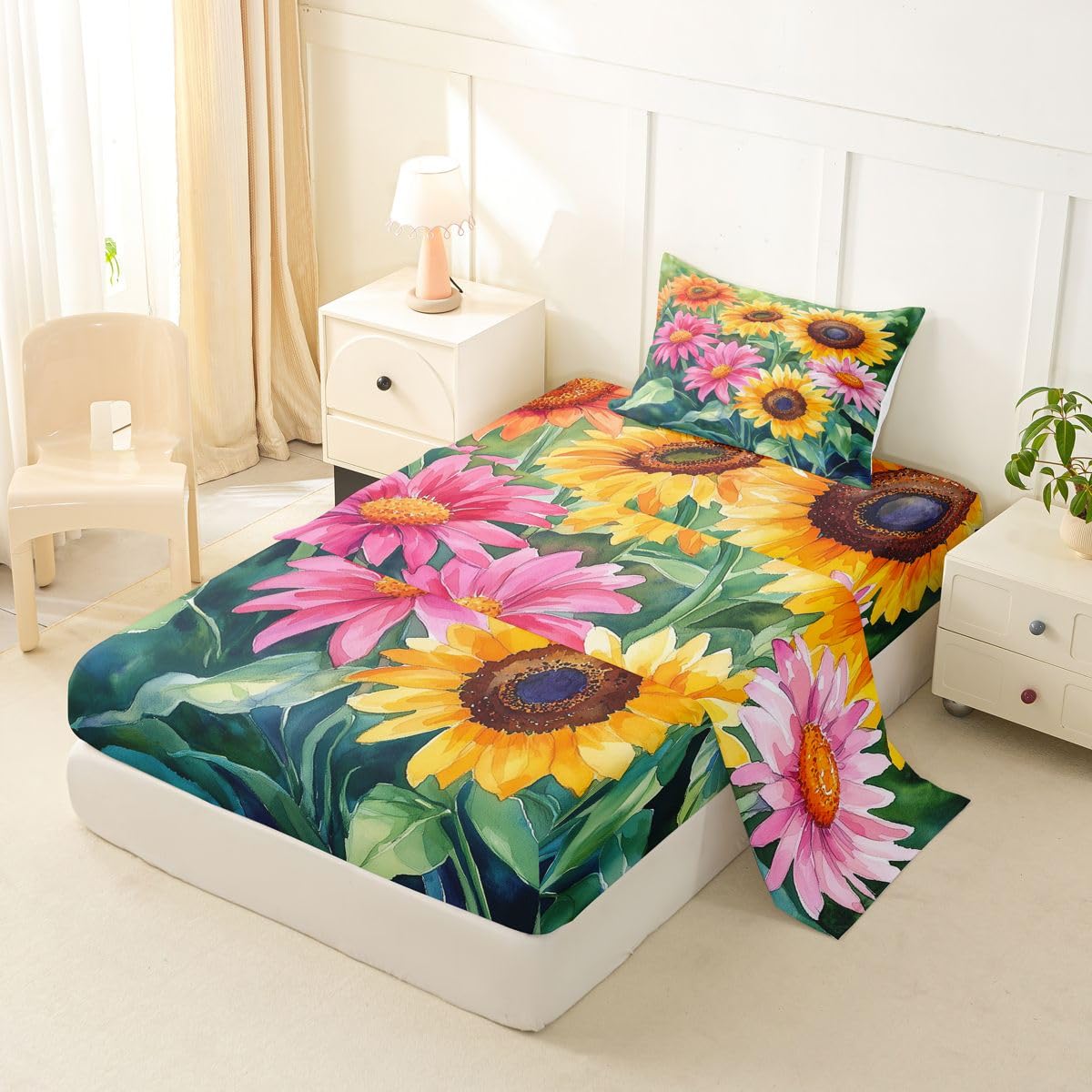 Erosebridal Spring Sunflower Bed Sheets Set Twin Watercolor Floral Sheet Set Green Watercolor Leaves Sheets Retro Boho Sunflower Flat Fitted Sheet
