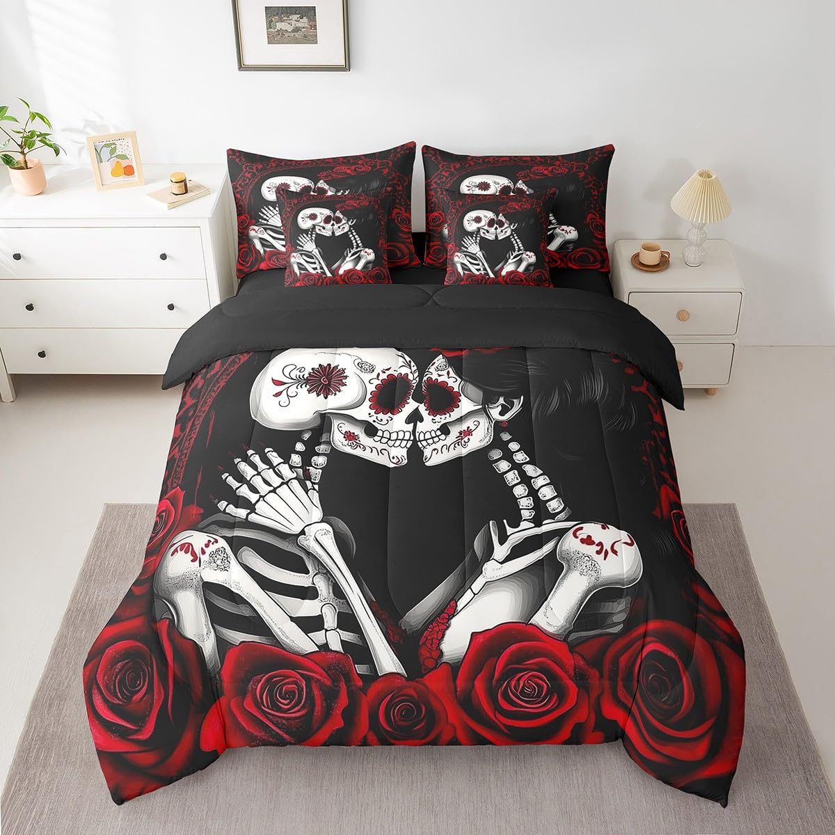 Erosebridal Sugar Skull Bed in A Bag Romantic Roses Bedding Set Valentine's Day Queen Comforter Set 7 Piece for Adults Men Women,Skeleton Lovers Red Black Bed Set Room Decor