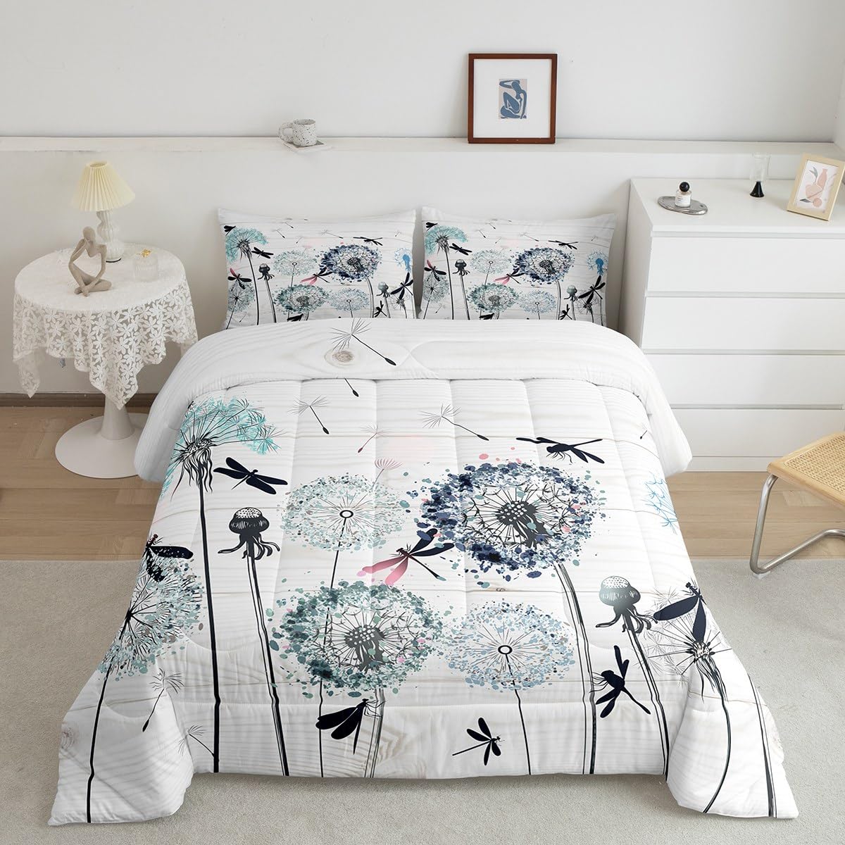 Manfei Dandelion Comforter Set Twin Size, Boho Dragonfly Bedding Set 2pcs for Kids Boys Girls Bedroom Decor, Botanical Floral Quilt Set Rustic Wooden Board Duvet Set with 1 Pillowcase