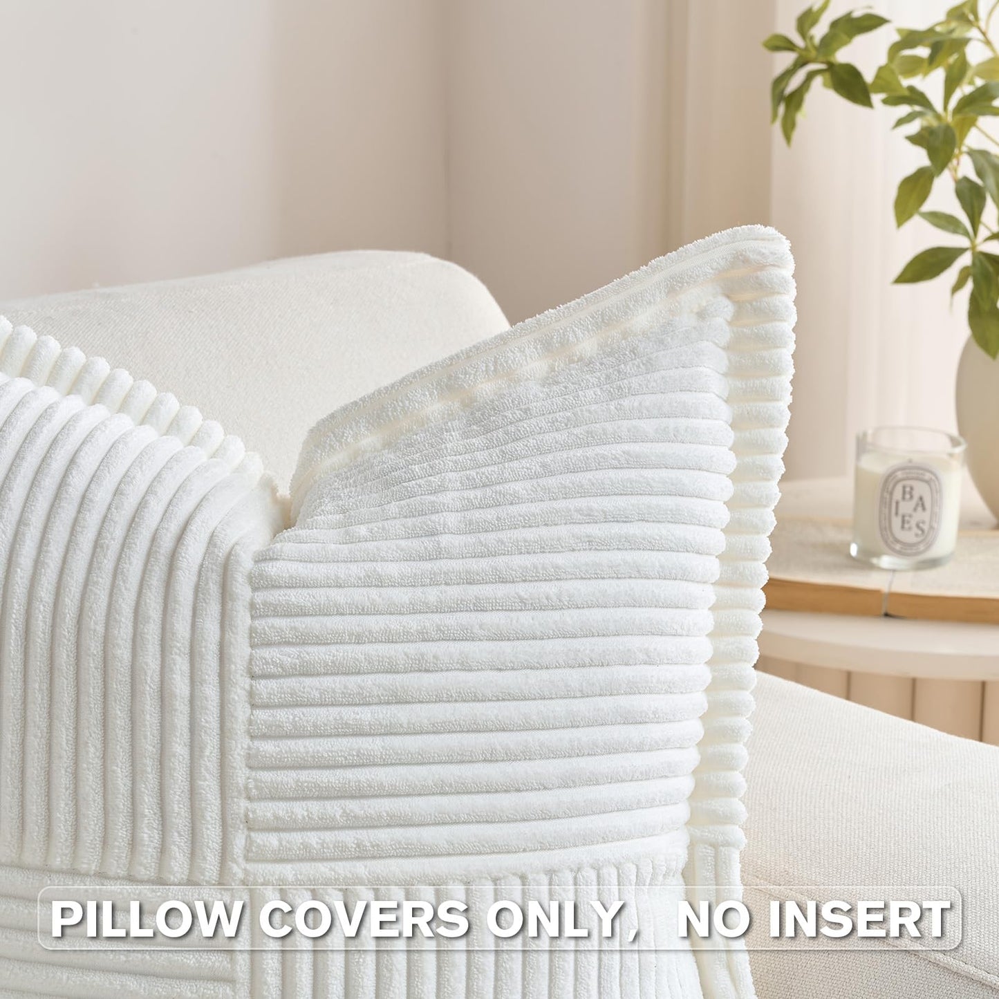 HAUSSY 2 Pack Pillow Covers 18x18 Inch, Corduroy Decorative Throw Pillows Soft Boho Striped Solid Couch Cushion Covers Home Decor Modern Pillow Cases for Living Room Sofa Bed, White (Covers Only)
