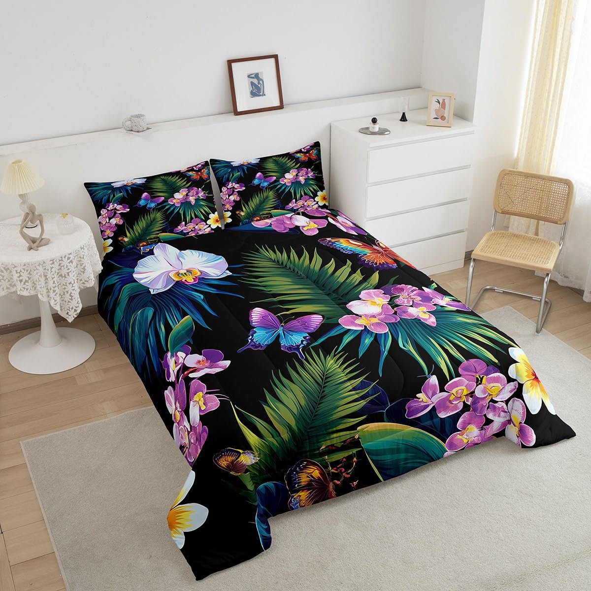 jejeloiu Butterfly Bedding Set Full Size Kids Tropical Leaves Comforter for Boys Girls Botanical Comforter Set Nature Summer Duvet Set Room Decorations Quilt Set