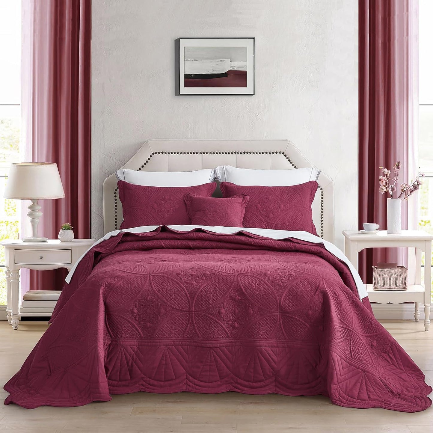 DaisyHuang Bedspread - Full Size Bedding Cover - Modern & Contemporary Coverlet Set, Real Stitching, Reversible, Lightweight, 5 Piece, Burgundy