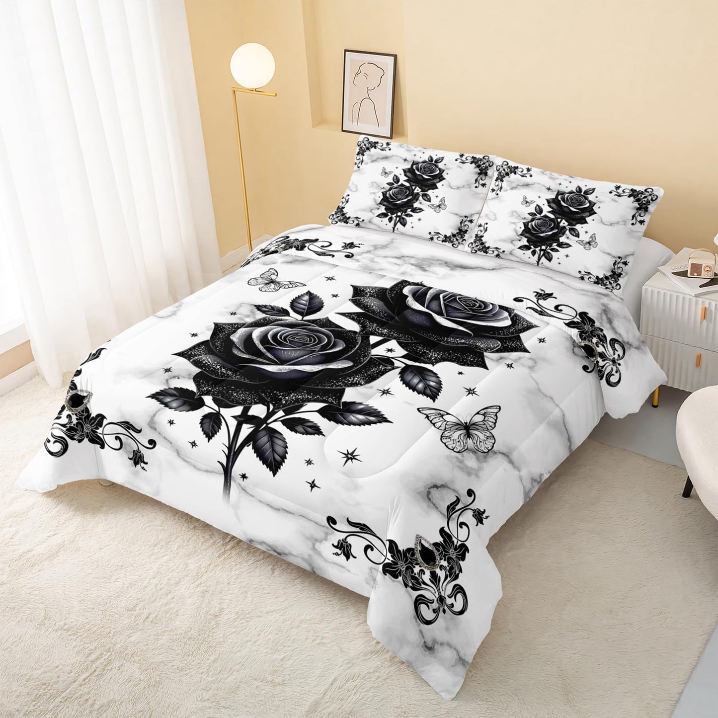 QOOMO Black Flowers Kids Bedding Set,Cartoon Plants Comforter Set Queen Size for Boys Girls Teen Room Decorat,Soft Lightweight Bed Set All Season,1 Comforter 2 Pillowcases