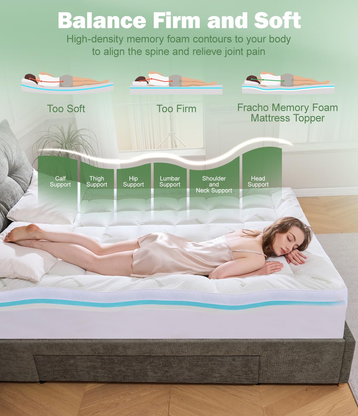 Fracho 4 Inch Queen Memory Foam Mattress Topper, Dual Layer Design with 2" Bamboo Rayon Pillow Top & 2" Cooling Gel Memory Foam, CertiPUR-US Certified Medium-Firm Bed Topper for Pressure Relief