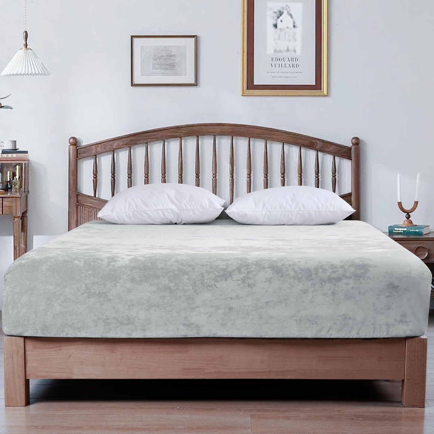 PHF Truly Velvet Fitted Sheet Only Queen Size, Luxury Super Soft Cozy Fuzzy Fleece Bottom Sheet, Deep Pocket Up to 16",Strenghth Elastic Band,Suitable for Fall Winter Spring,No Pillowcases,Silver Grey