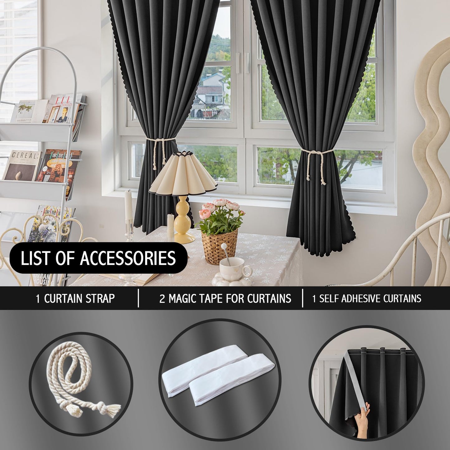 Jilron Magic Tape Stick on Curtains Blackout Curtains for Bedroom no Drillng Self Adhesive Curtain no Rod Small Window (Black, 35" W x 40" L) 2 Panels