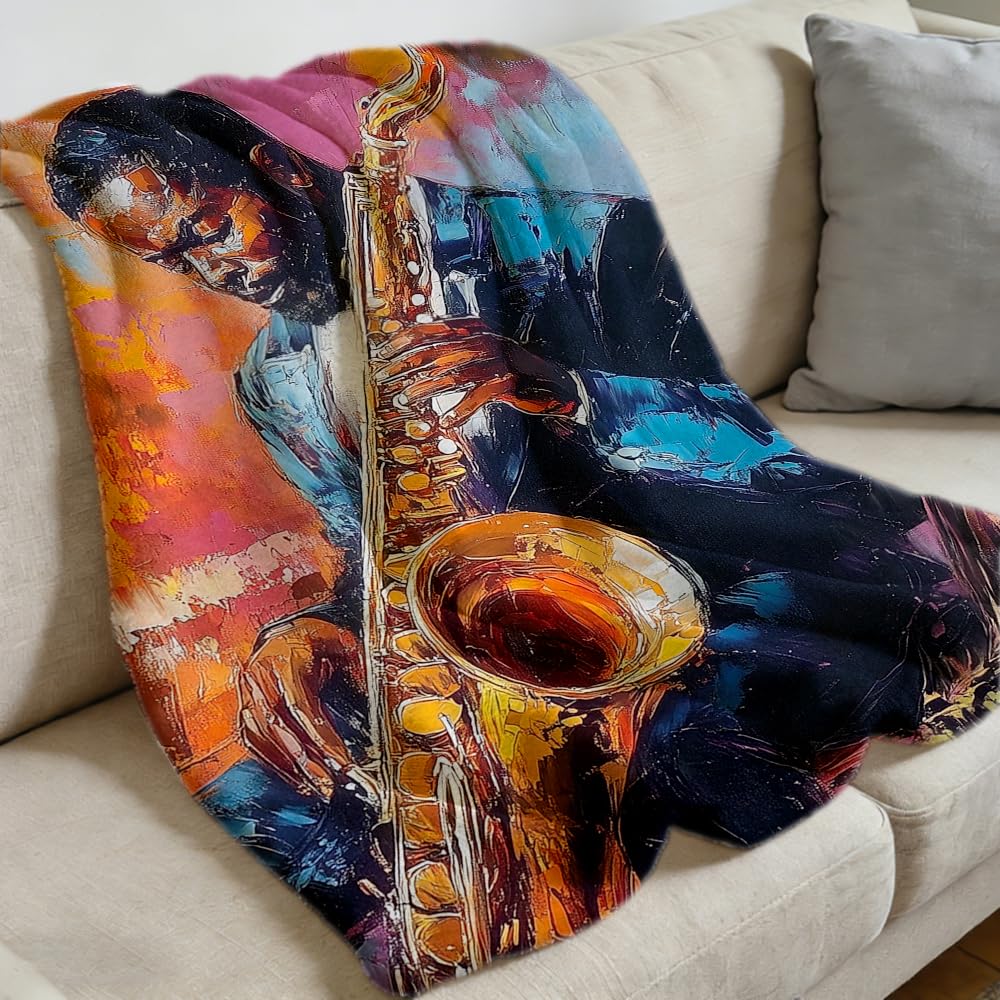 ZHOUSHUTONG African American Music Throw Blanket Black Music Print Super Soft Warm Cozy Flannel Blanket for Couch Bedroom Office Home Decor Gift for Music Lovers 49"x59"