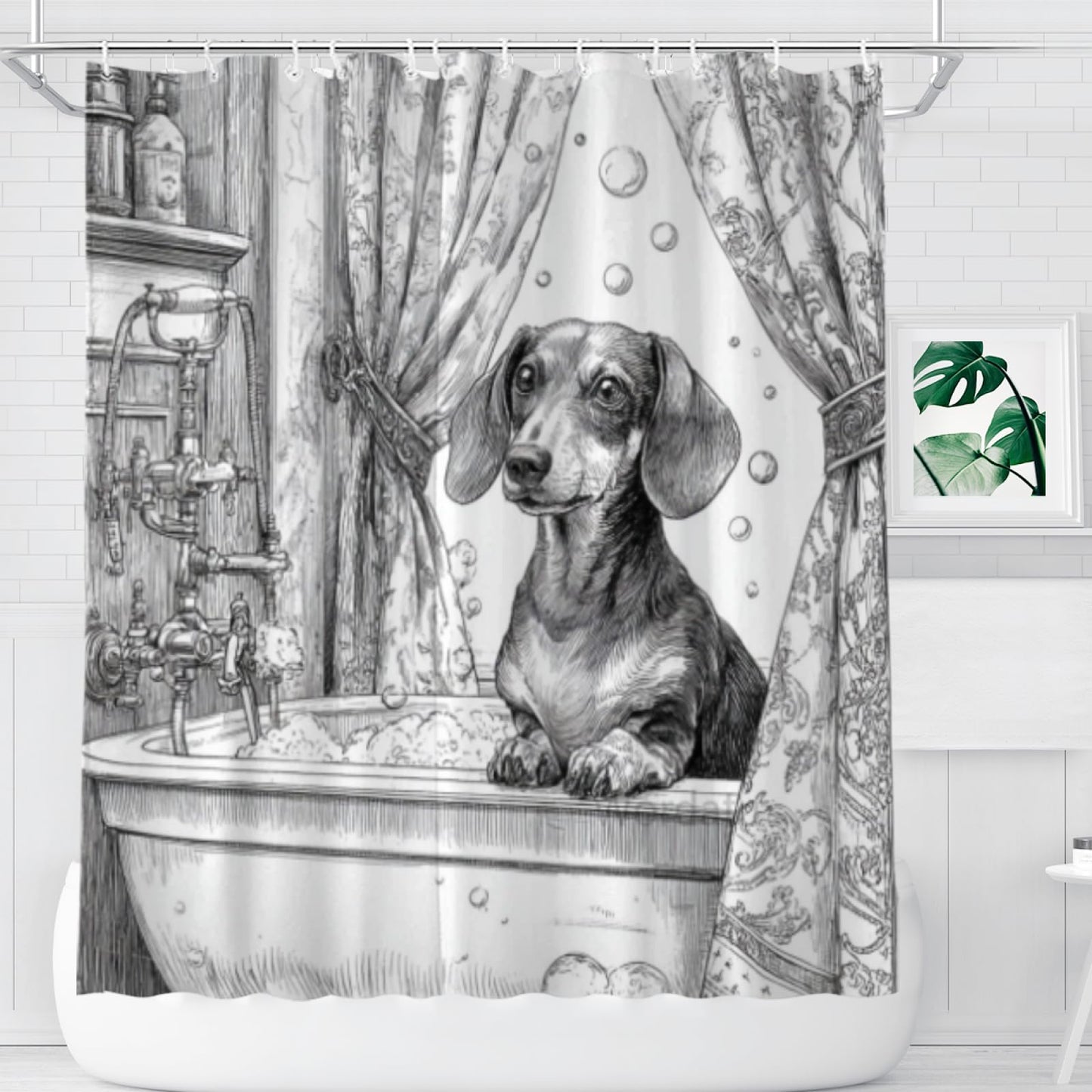 Wordatu Dachshund Shower Curtain Bathroom Set 72x72 Inches Black White Taking a Bubble Bath Animal Bath Dog Art Home Decor 12 Hooks