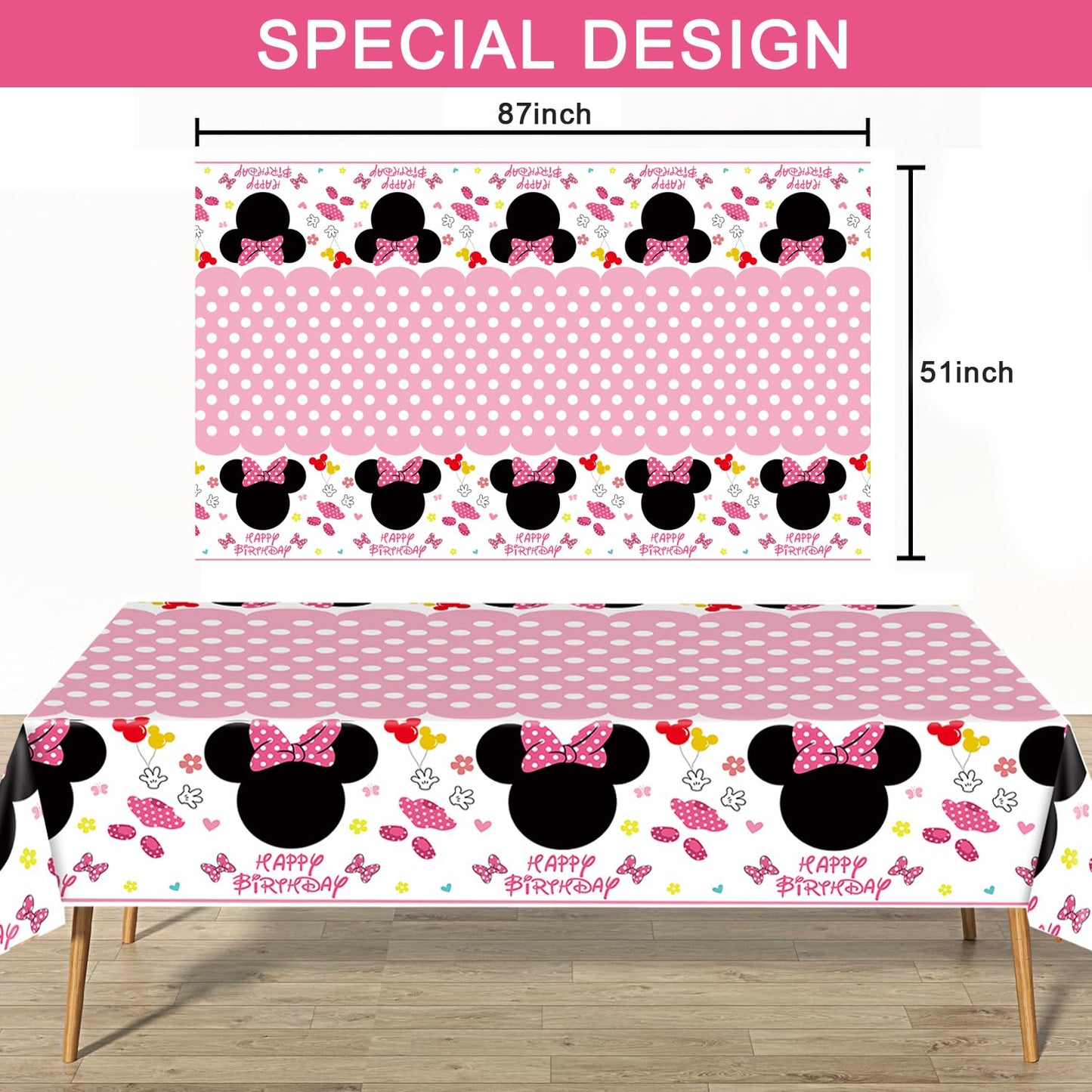Nyhpar 3 Packs Pink Mouse Tablecloth, Pink Polka Dot Table Cloths Disposable Plastic Cartoon Table Covers for Girls 1st 2nd 3rd Party Decorations Supplies, 86.6 x 51.2in