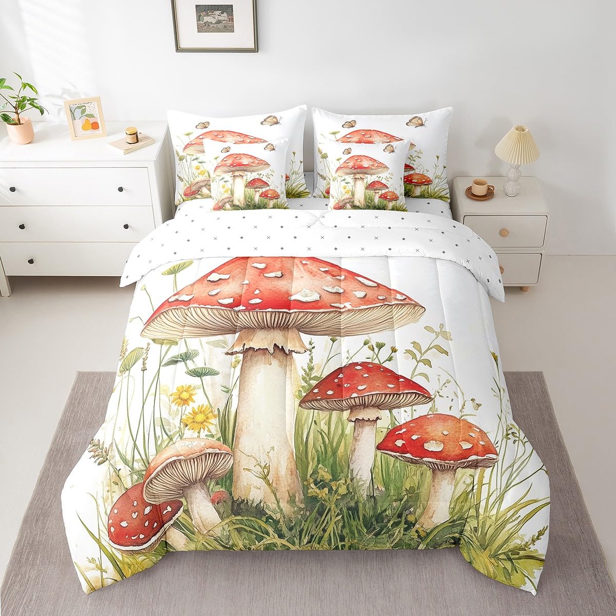 Erosebridal Red Mushroom Comforter Set King Size,Cartoon Fungus Bedding Set for Kids Teens,Flying Butterflies (Comforter+Fitted+Flat Sheet+2 Pillowcases+2 Throw Pillow Covers) 7 Pieces Bed Set