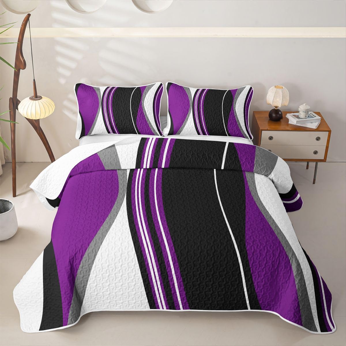 Erosebridal Purple Black Abstract Quilt Twin Grey Modern Striped Quilt Set Geometric Stripes Lines Coverlet with 1 Pillowcase Contemporary Art Boho Quilted Bedspread