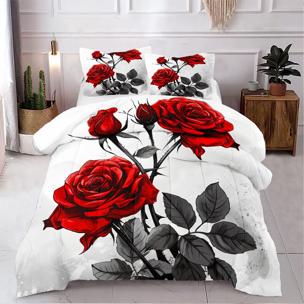 CCoutueChen Red Rose Comforter Set King Size 3 Pieces Romantic Roses Floral Bedding Set for Women Adult Stylish Aesthetic Bedding Soft Lightweight Comforter with 2 Pillowcases
