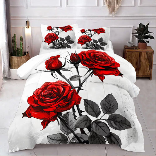 CCoutueChen Red Rose Comforter Set King Size 3 Pieces Romantic Roses Floral Bedding Set for Women Adult Stylish Aesthetic Bedding Soft Lightweight Comforter with 2 Pillowcases