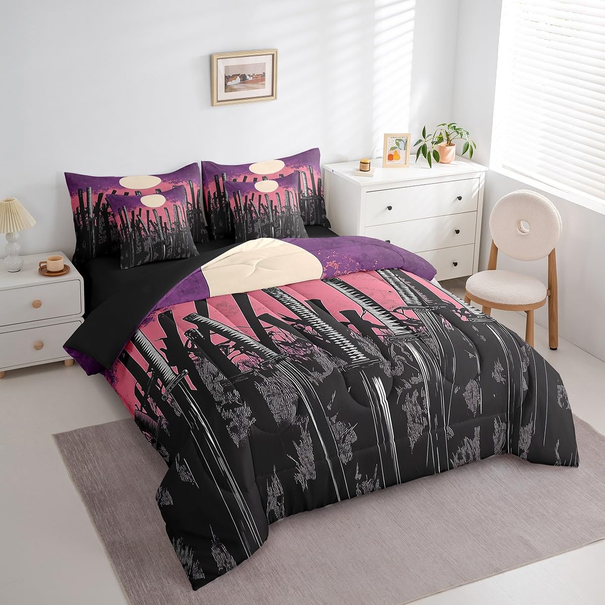 Erosebridal Japanese Comforter Set Twin,Sword Bed in a Bag for Kids Teens Adults,Watercolor Bedding Set 7Pcs,Moonlight Sun Quilt