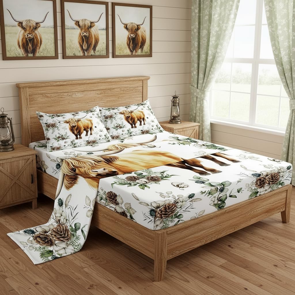 Cute Highland Cow Bed Sheet Set for Kids,Rustic Style Pinecone Fruits Sheets Set,Farmhouse Theme Cattle Animal Home Decor Sheet Sets with Deep Pocket,Top Sheet,1 Pillow Case,Twin
