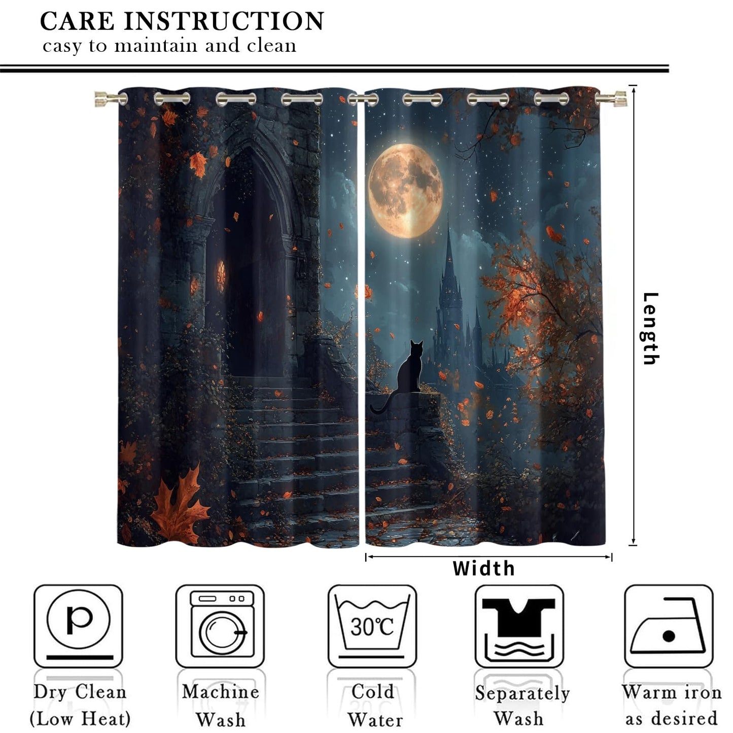 MPUTIE Black Cat Curtains 72 inch Long, Magical Castle Window Curtains for Bedroom, Grommet Room Darkening Drapes for Kitchen, Full Moon Drapes, Cat Room Decor, 2 Panels