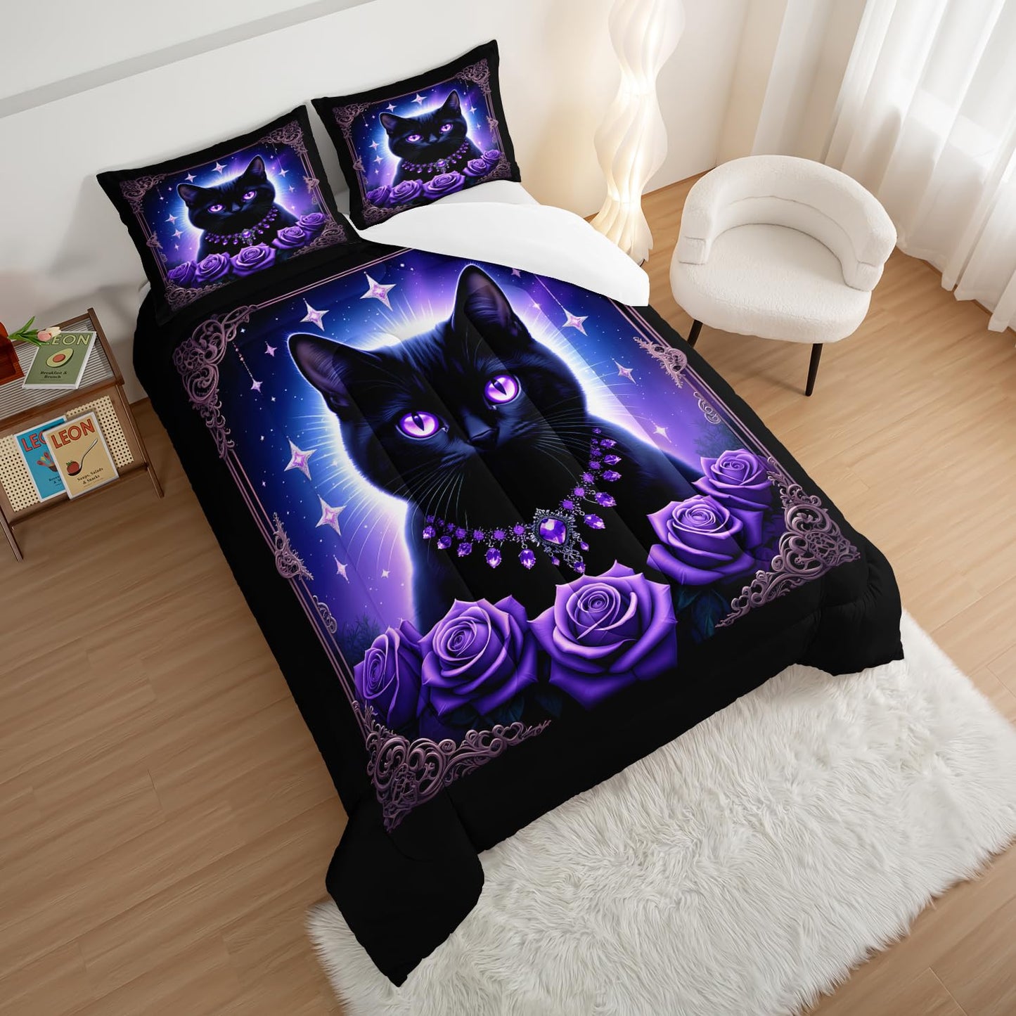 HOSIMA Cat Queen Comforter for Kids Boys Girls Room Decor,Black Cat Wearing Diamond Necklace Surrounded by Roses,Animal Themed Glowing Stars Background Pattern Cute Bedding with 2 Pillowcases.
