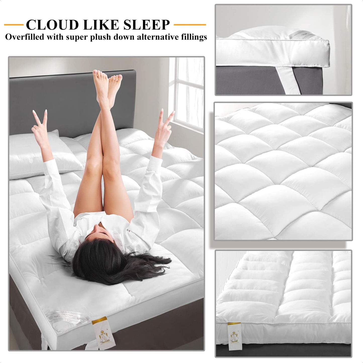1400 GSM Extra Thick Queen Mattress Topper Cooling Pillow Top Mattress Topper Queen Size Bed, Plush Soft Down Alternative Mattress Pad with Elastic Straps, 6-22 Inches Deep, Back Support