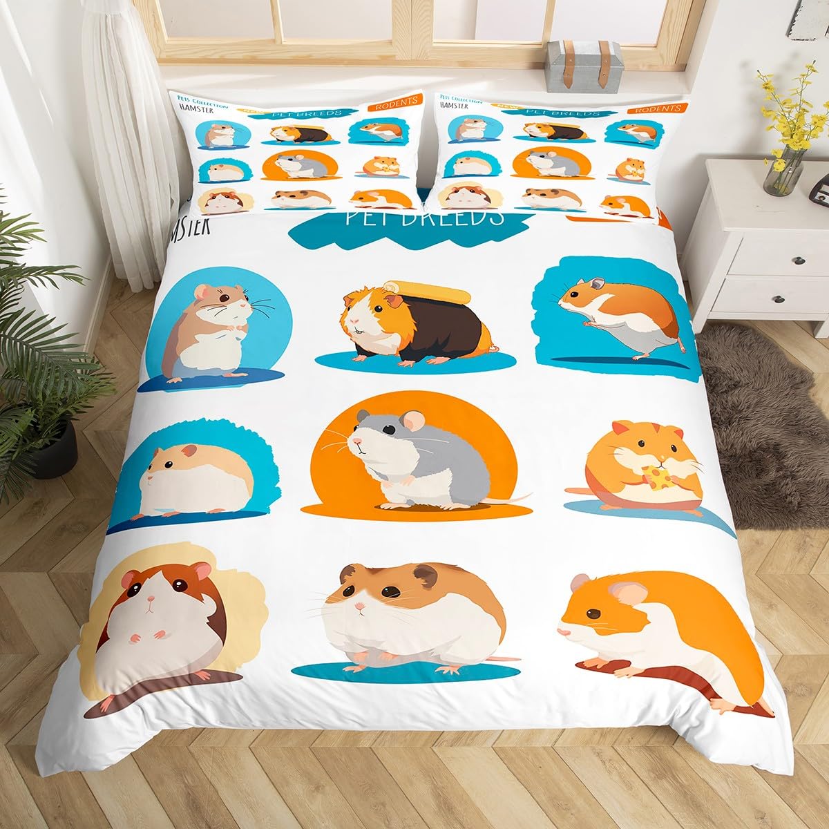 Feelyou Cute Hamster Bedding Set for Girls Boys Children Cartoon Pet Animal Comforter Cover Decorative Lovely Rodent Duvet Cover Pet Mouse Pattern Bedspread Cover Queen Size 3Pcs Bedclothes