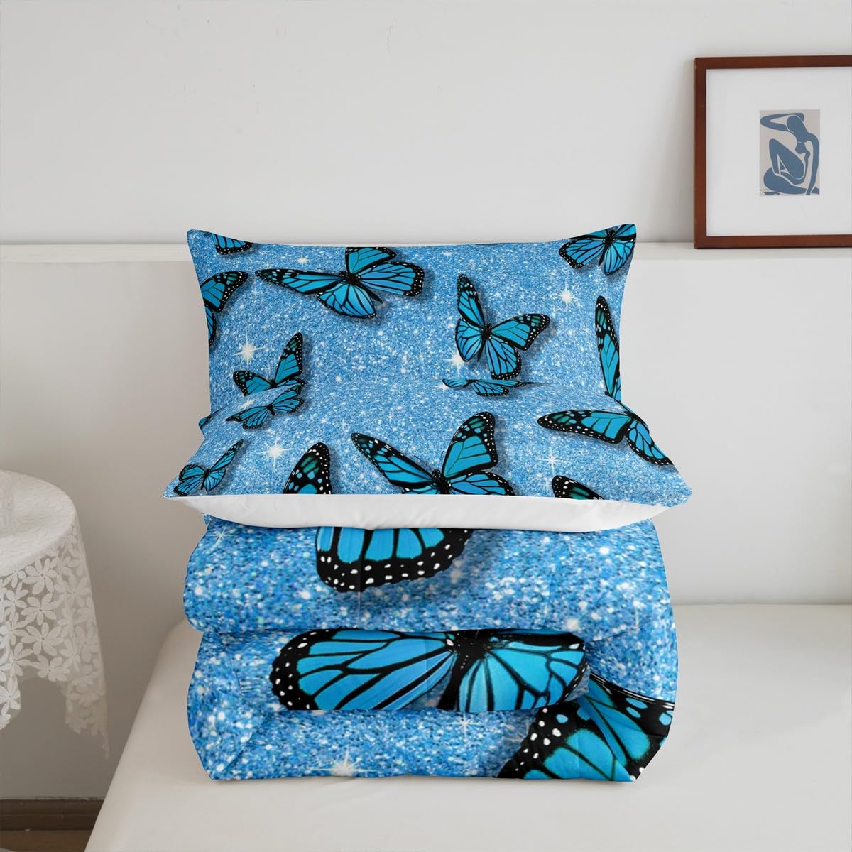 Castle Fairy Butterfly Glitter Comforter Set Queen Size,Blue Starry Galaxy Bedding Set for Kids Girls Teens Adults Room Decor,Fantasy Flying Animals Quilt Set Sparkling Diamonds Duvet Insert 3pcs