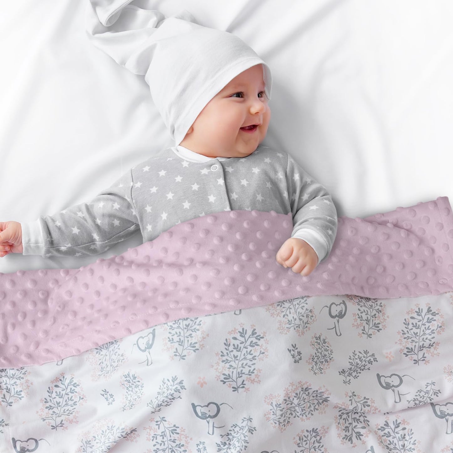 CIVARUA KIDS Baby Blankets for Girls Soft Plush Nursery Minky Blanket Neutral with Print Pink Forest Elephant and Cozy Raised Dotted Fleece Backing, 30 x 40 Inch Double Layer Bed Throws