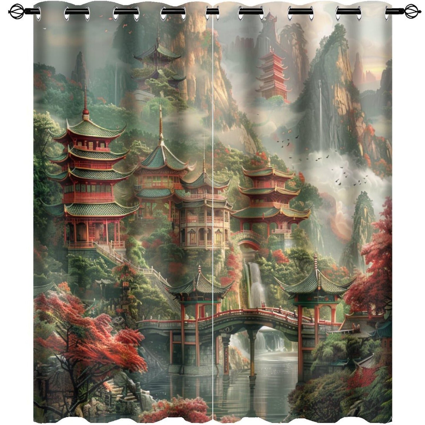HDESDIS Fantasy Chinese Building Grommet Blackout Curtains for Bedroom, Mountain Waterfall Lake Forest Thermal Insulated Curtains Room Darkening Window Drapes, 21W x 45L, 2 Panels