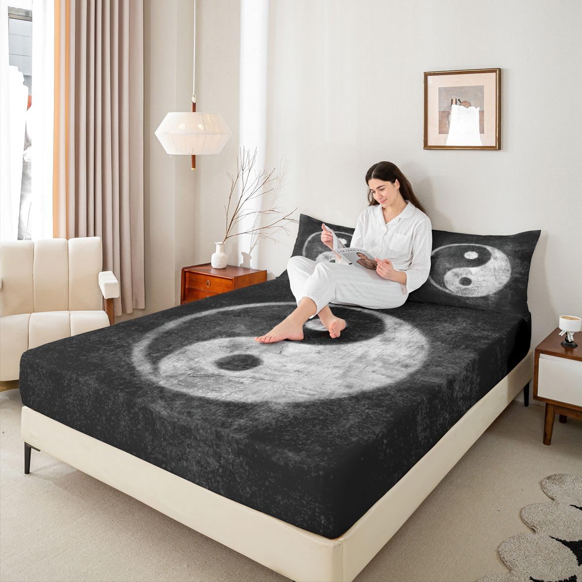Yin Yang Bedding Set for Girls Boys Children Boho Trippy Psychedelic Art Fitted Sheet Decorative Gossip Pattern Bed Sheet Set Traditional Ying Yang Theme Bed Cover No Flat Sheet Twin Size 2Pcs