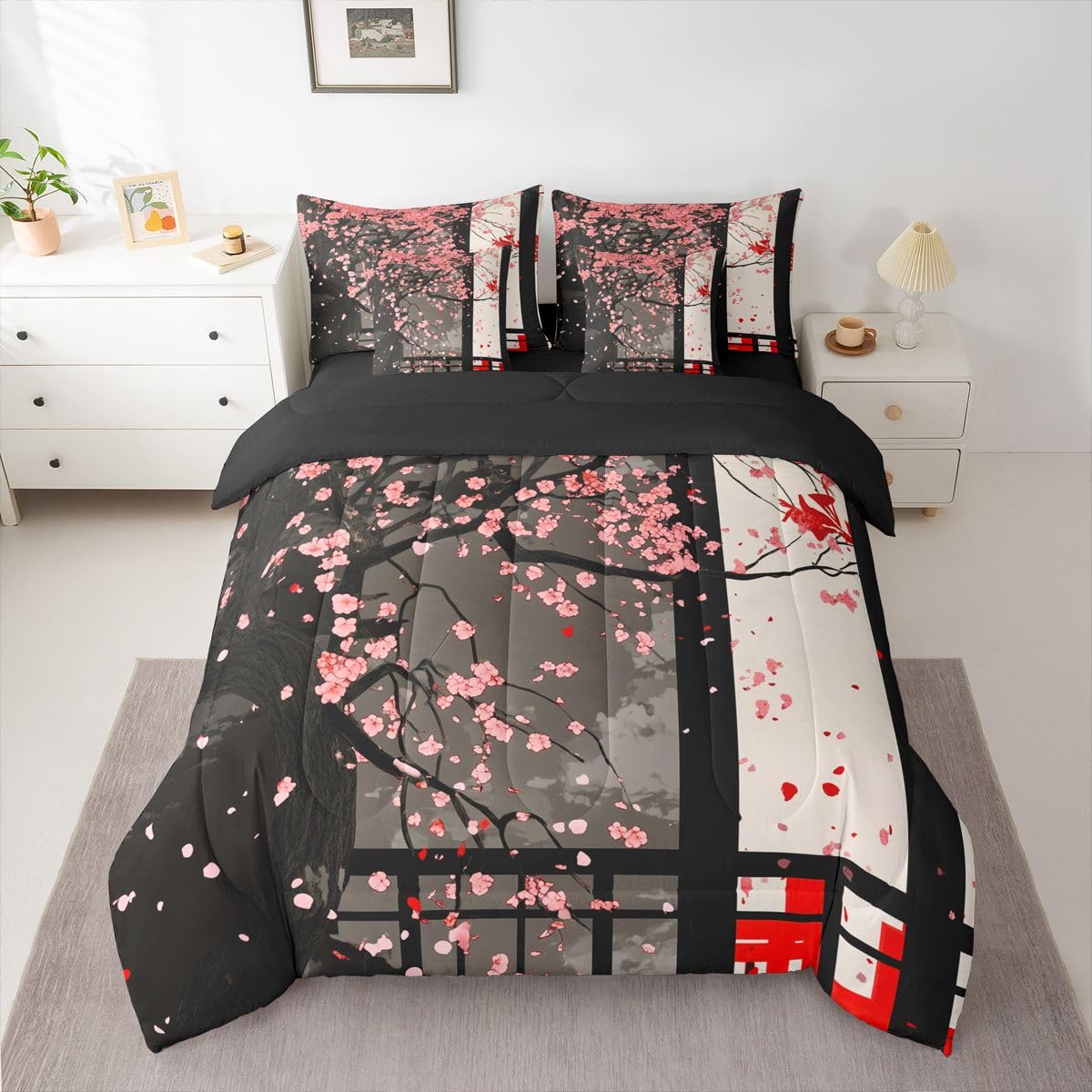 Erosebridal Japanese Style Cherry Blossom Twin Comforter Set with Sheets 7 Piece Pink Sakura Flowers Bed in A Bag Oriental Building View Bedding Sets for Kids Adults,Asian Art Bed Set