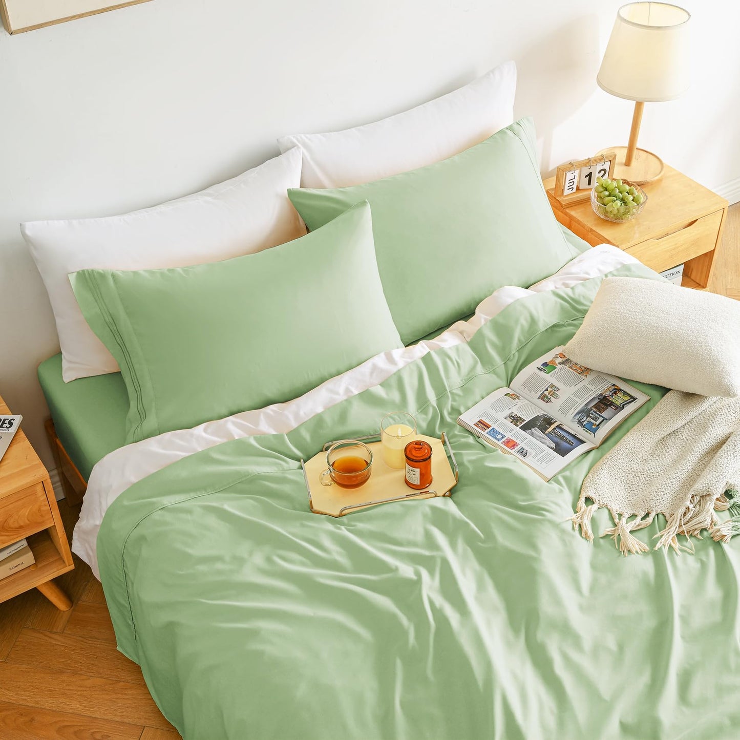 Yibeizi Sage Green Sheet Set Full Size, Kids Bedsheets Microfiber Deep Pocket Cute Bed Sheet & Pillowcase Sets 4 Pieces