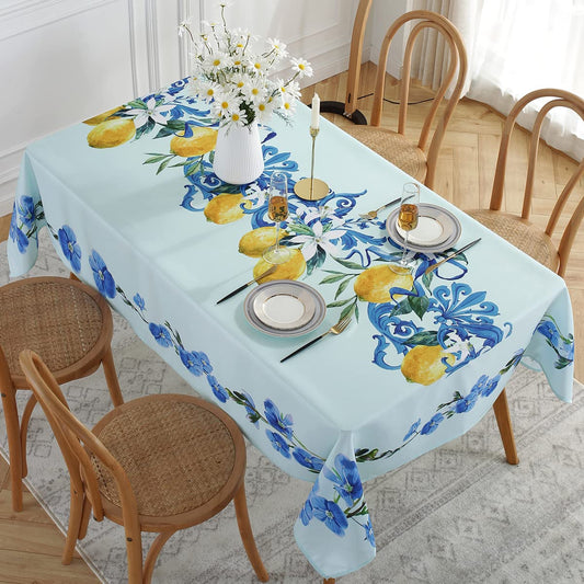SASTYBALE Lemon Tablecloth Rectangle 52 x 70 Inch, Spill Proof Wrinkle Free Fabric Table Cloth, Polyester Table Cover for Summer/Dining/Party/Indoor/Outdoor, Blue