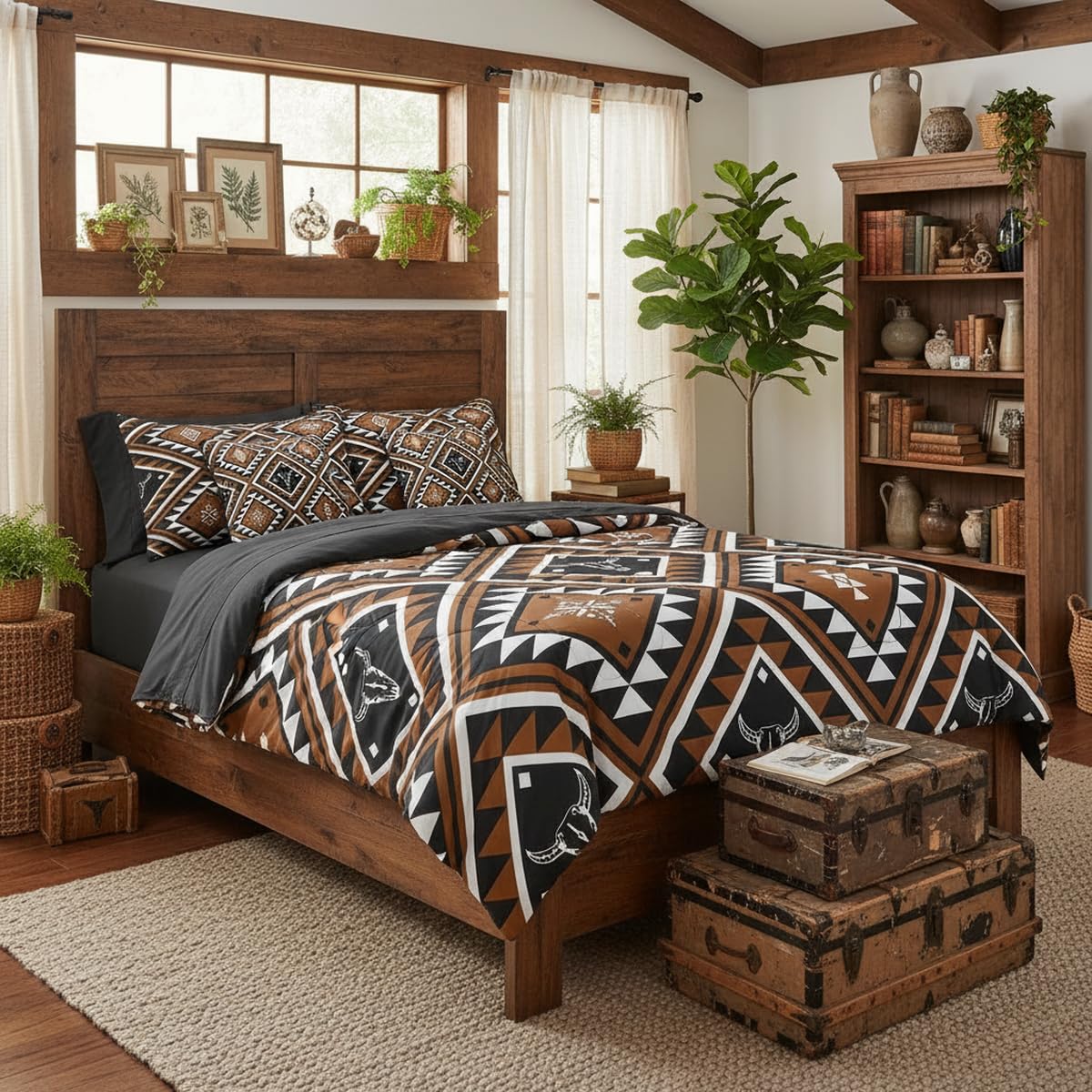 Erosebridal Rustic Western 7 Pcs Comforter Set King for Men,Southwestern Aztec Bedding Bohemian Quilt Ethnic Horns Bull Skull Farmhouse Bedroom Decor Brown Geometric Diamond Sheet Set Bed in A Bag