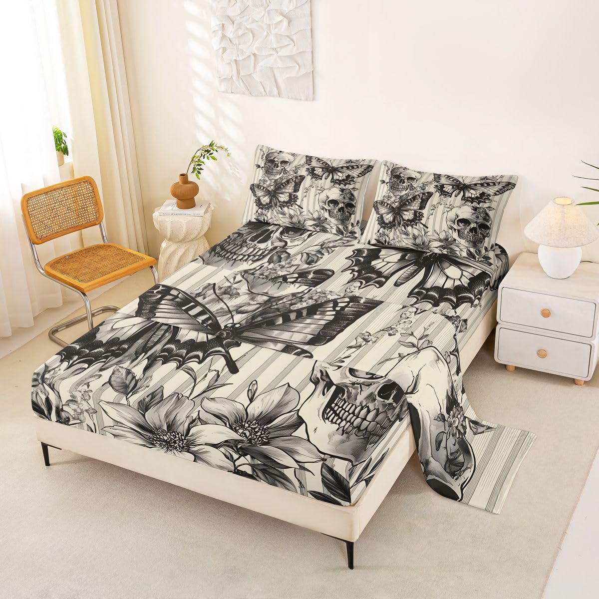 jejeloiu Black Skull and Butterfly Bed Sheets Set Queen Size Happy Halloween Bed Set Grey and White Deep Pocket Fitted Sheet Breathable Soft Lightweight Microfiber