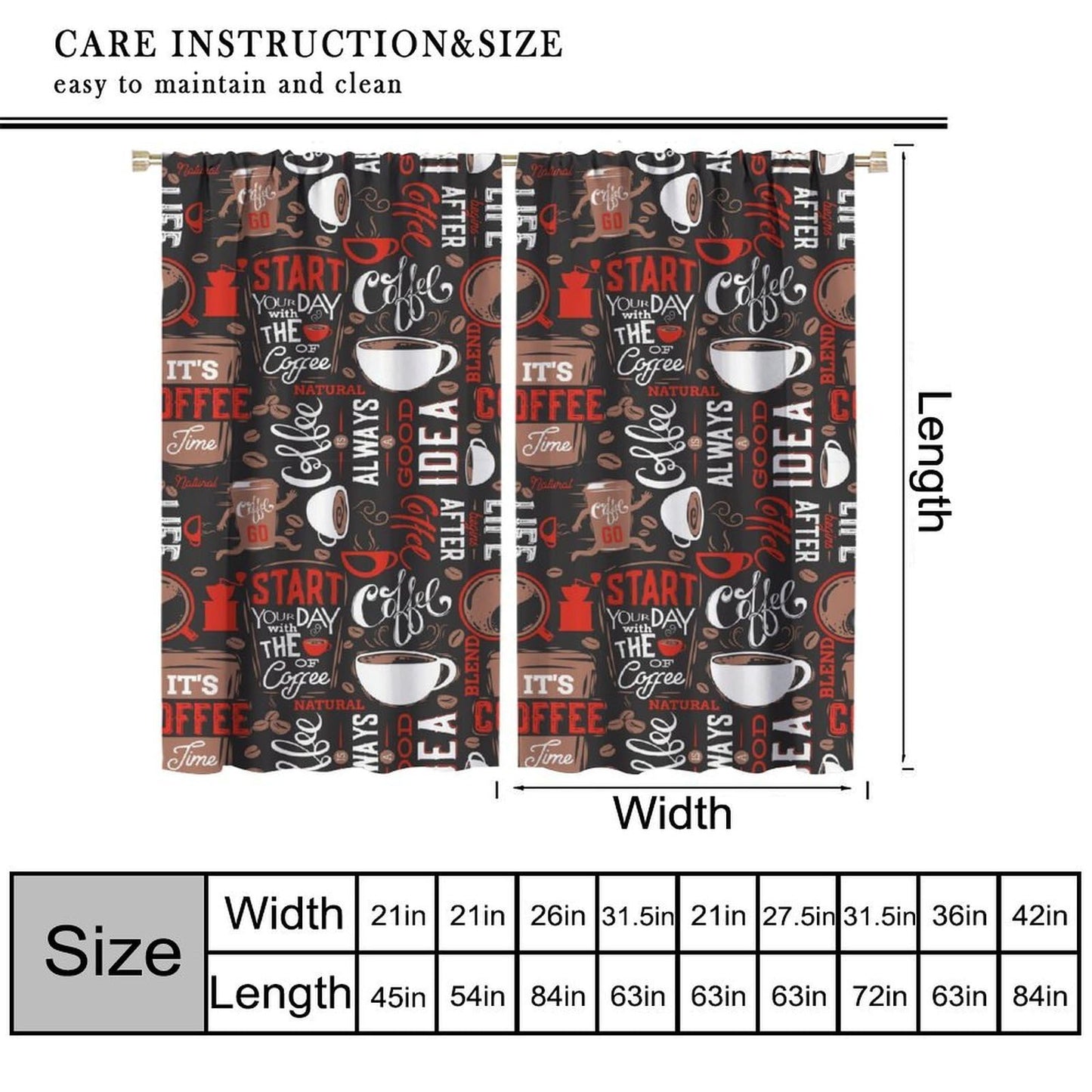 HZOHNAGO Coffee Kitchen Curtains Coffee Red Hot Mocha Latte Milk Pattern Blackout Print Rod Pocket Window Drapes for Bedroom Living Room Kitchen 42x45in