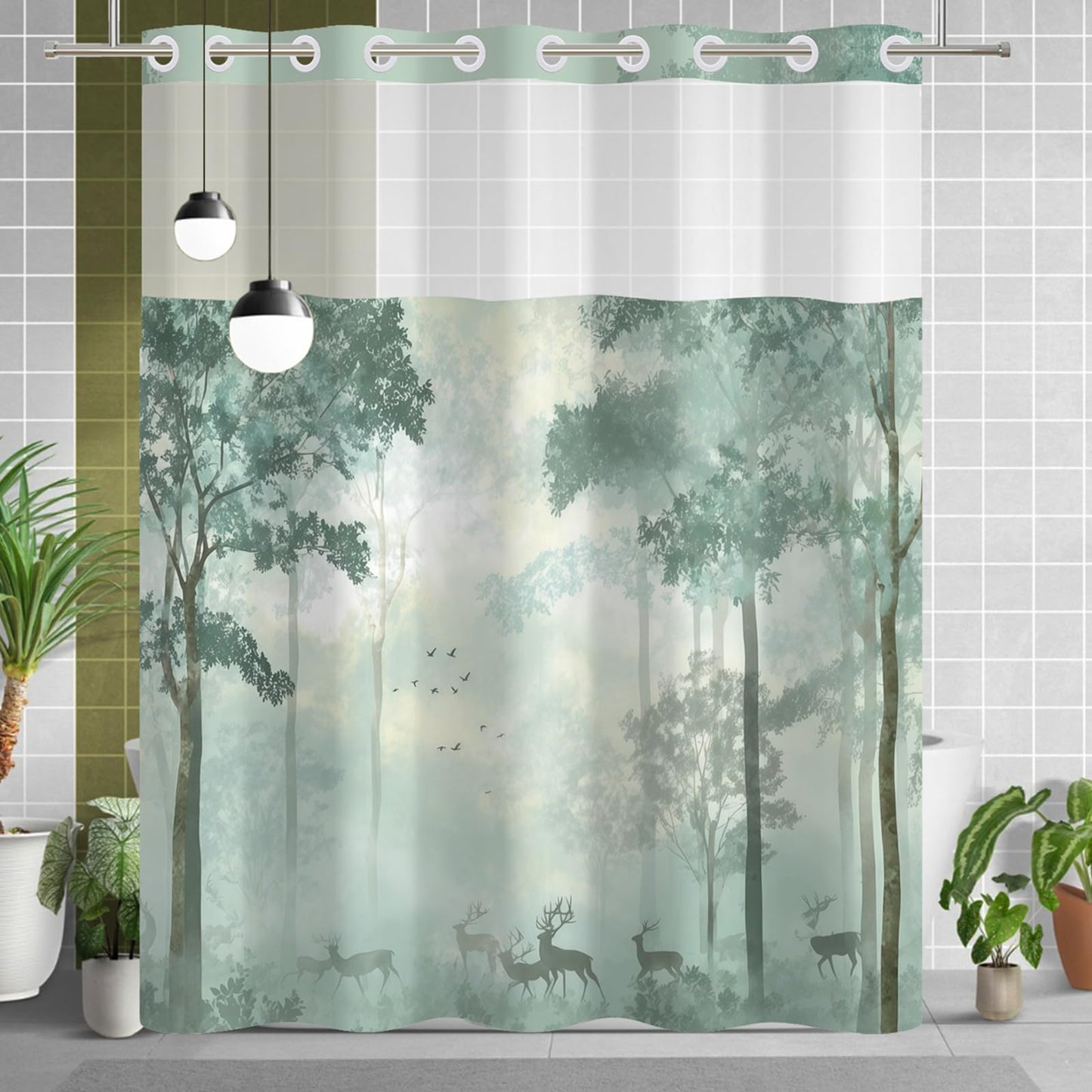 Xiazhilaio No Hook Nature Shower Curtain with Liner 71 x 74 Inch - Sage Green Misty Forest Pattern, Waterproof Fabric Bath Curtain with Mesh Top for Modern and Rustic Bathroom Decor